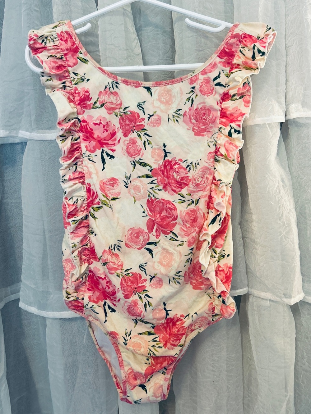 SweetHoney Floral Ruffle One-Piece Leotard in Cream and Pink - Sz6